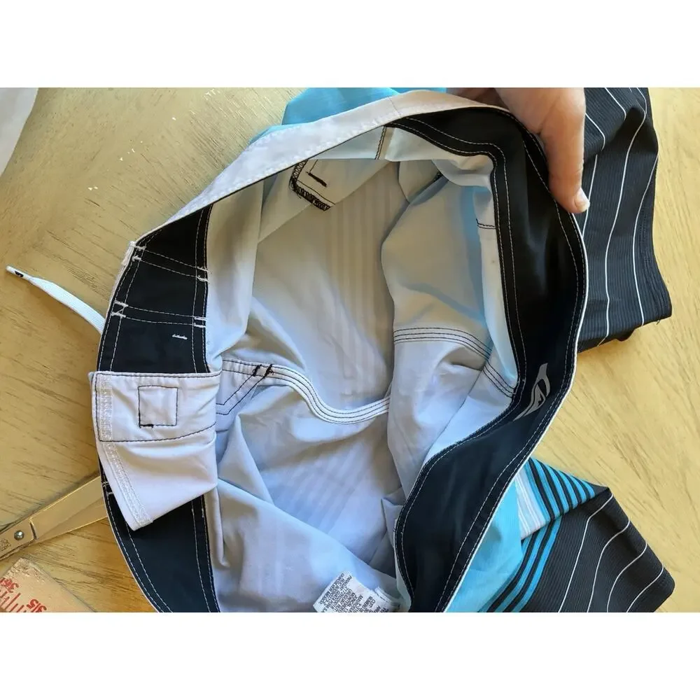 Quiksilver Board Shorts Mens 36 Blue Stripes Black Swim Trunks Beach Surf Retro